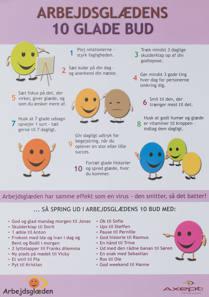 En festlig, spændende og oplysende plakat med 10 glade bud på, hvordan du og din arbejdsplads kan etablere og fastholde arbejdsglæden. A2-format.