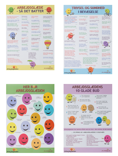 Sampak med 4 festlige arbejdsglædeplakater i A2-format.