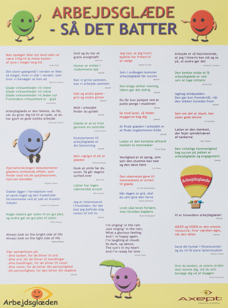Plakaten med titlen "Arbejdsglæde så det batter" er fyldt med gode citater om arbejdsglæde. Plakaten er i A2-format.