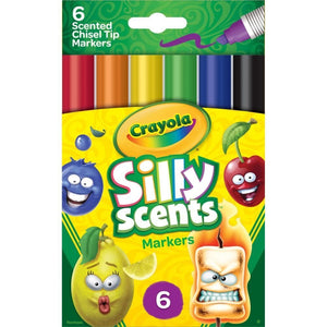Crayola Silly scents er tusser med duft. Der ligger 6 stk i en pakke, og udover både at have en firkantet spids, som giver mulighed for både skrive tykke og tynde linjer, har hver pen sin duft