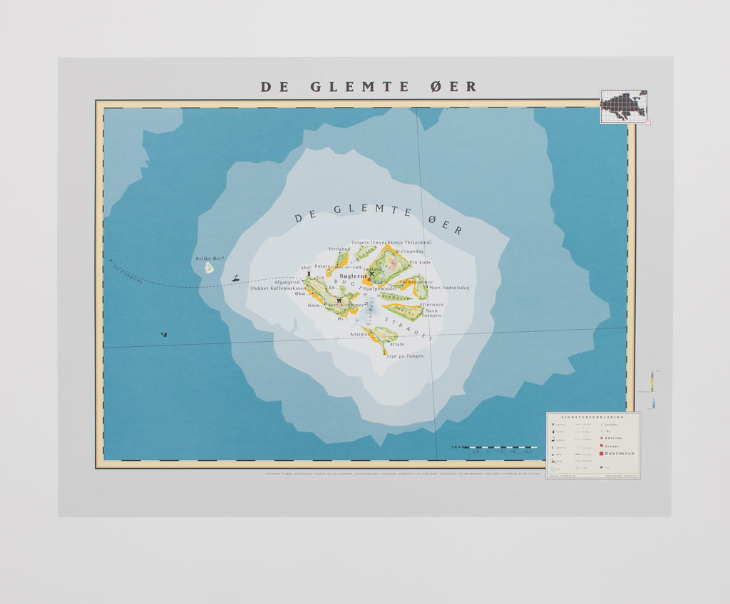 Landkortet De glemte øer et er af flere kreative landkort, som er designet til at sætte gang i samtalen. Hvad finder du mon på de glemte øer? Svigermors fødselsdag eller måske en vigtig forretningsaftale? Tag til de glemte øer og fordyb dig i glemslens mange sider.  